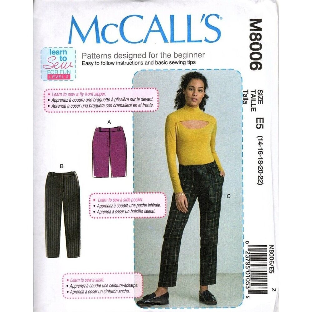 McCall's M8006 Misses 14 to 22 Learn to Sew Pants and Shorts Sewing Pattern